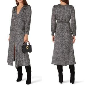 Pinko Lindo Black Ivory Abstract Print Midi Dress V-Neck Long Sleeve Italy US6